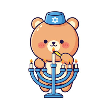 Cute cartoon bear lighting a hanukkah menorah with a candle