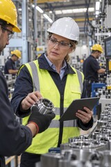 Fototapeta premium Female Quality Supervisor Reviewing Precision Metal Part with Tablet