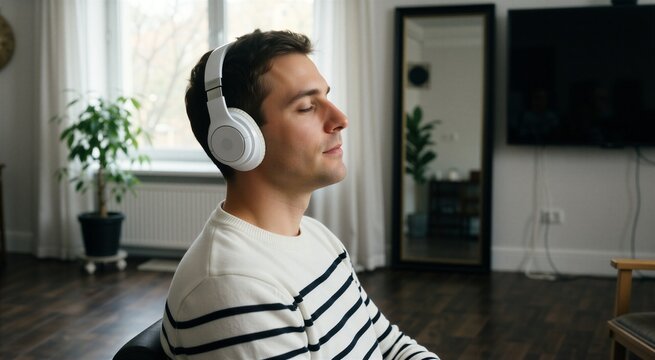 Man listening to music with headphones in a bright, calm indoor setting, symbolizing mental health and therapy.