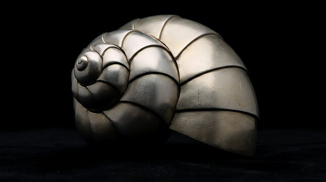 Metallic seashell sculpture featuring a smooth fibonacci spiral design rests gracefully against a solid black background for modern abstract art projects.
