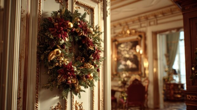 opulent holiday wreath on door in a decorated living room,