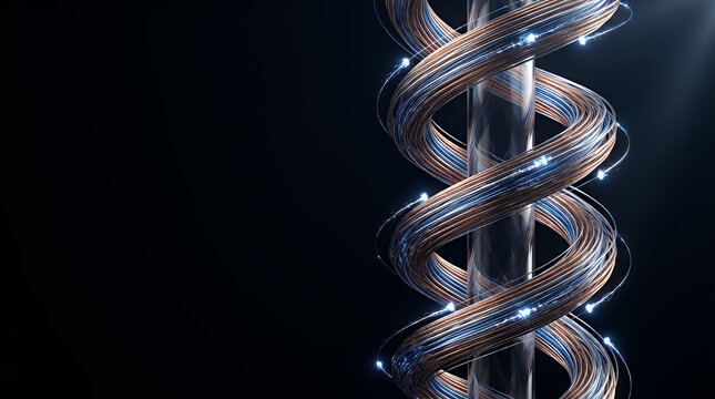 DNA strand model wrapped in copper wiring and glowing fiber optic lights spirals upward against a black background, representing future biotechnology research.