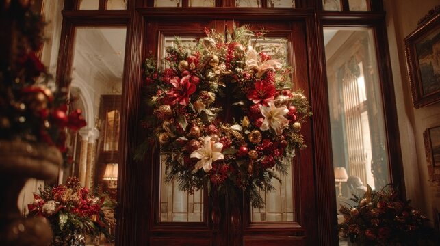 opulent holiday wreath on door in a decorated living room,