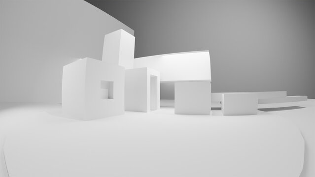 Minimal white 3D product display scene featuring raised geometric boxes at different heights, soft lighting, and natural shadows viewed with a fisheye perspective. Suitable for product presentations, 