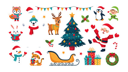 Fototapeta premium Cute cartoon Christmas clip art set with Santa Claus and festive winter characters