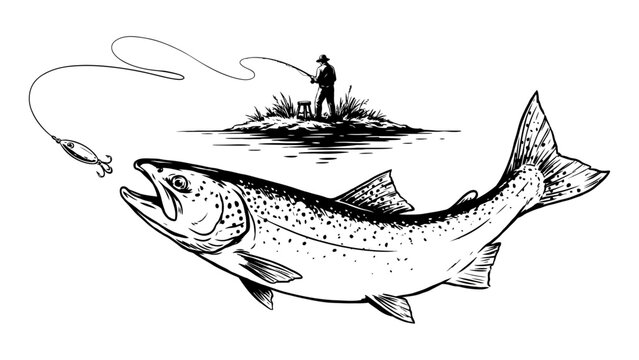 Vintage hand drawn sketch of a large salmon fish with a fisherman silhouette