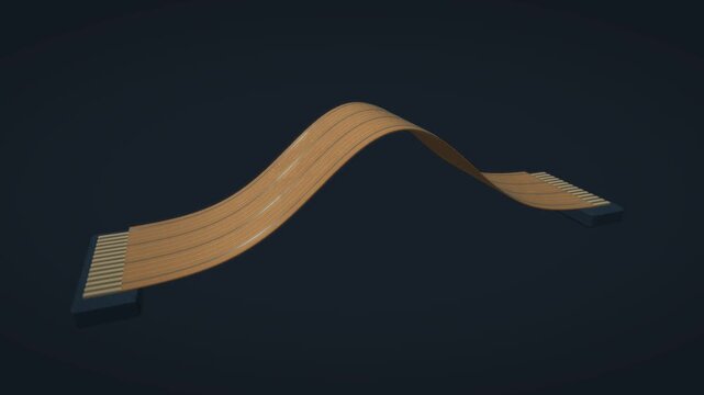 A copper flexible circuit ribbon arches between connectors as fine blue signal paths follow its gently changing bend, viewed by a lateral tracking camera in a fifteen second animation.