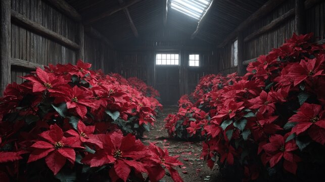 opulent poinsettia flowers in a rustic barn,