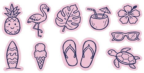 Obraz premium Collection of cute hand-drawn summer vacation icons including a pineapple, flamingo, palm leaf, cocktail, hibiscus, surfboard, ice cream, flip-flops, sunglasses, and a turtle.