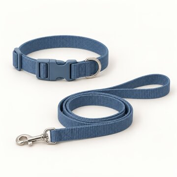 Blue nylon dog collar and leash set with adjustable buckle and metal clip, designed for pet safety and comfort, isolated on a light background
