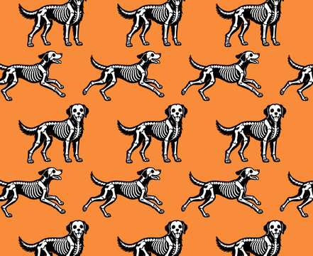 Dog skeleton repeat pattern design in a seamless vector for Halloween fabric, costume or backgrounds