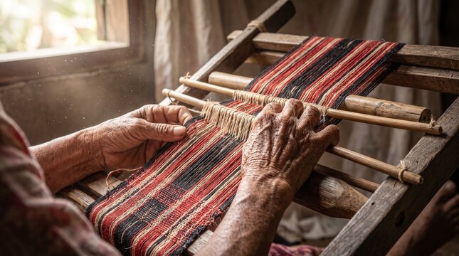 Traditional Hand Weaving of Sarawakian Textile on Wooden Loom &mdash; AI Generated