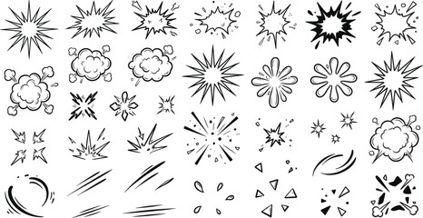 Comic book style action explosion clouds and sound effect burst elements. © MDSOUROV