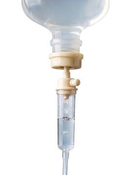 Medical IV infusion bag drip chamber with clear saline solution drops