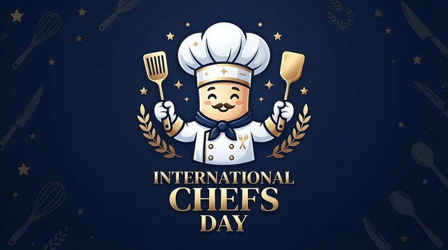 International chefs day celebration graphic featuring a cute cartoon chef character holding cooking utensils with golden wheat accents on a dark blue background
