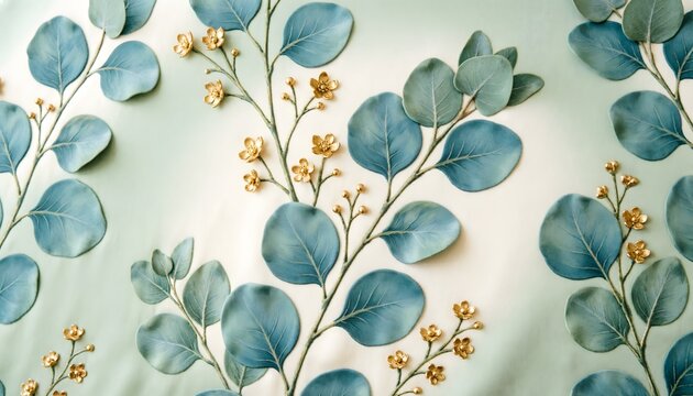 Elegant blue eucalyptus leaves paired with shimmering golden blossoms create a sophisticated floral pattern design on a soft mint green background 