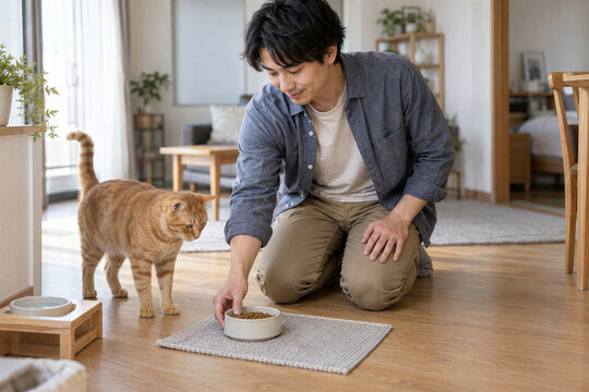 自宅で茶トラの愛猫にドライフードを用意する日本人男性