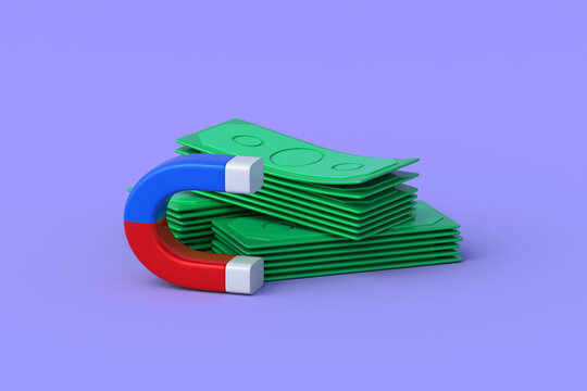Money magnet. Financial capital attraction. Successful business monetization. Fundraising campaign. Maximizing revenue generation. Electromagnet beside cash banknotes. 3d render