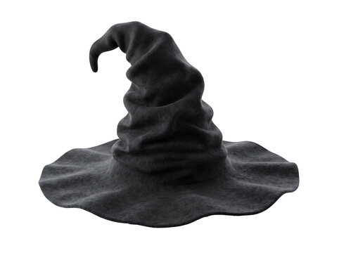 Pointed black witch hat with curved tip for Halloween isolated on transparent background