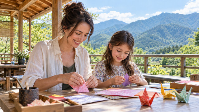 山の工房で折り紙体験を楽しむ旅行者の母親と子ども