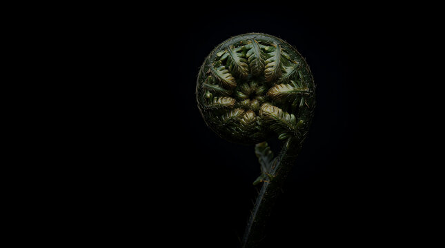 Fern fiddlehead in a tight spiral coil stands isolated against a dark black background, highlighting the organic texture and natural growth pattern of the plant.