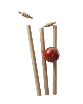 Dynamic angled view of a red ball and cricket stumps flying after hit isolated on white