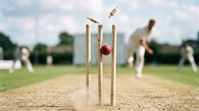 Ground level outdoor view of cricket stumps flying after hit on a grass pitch
