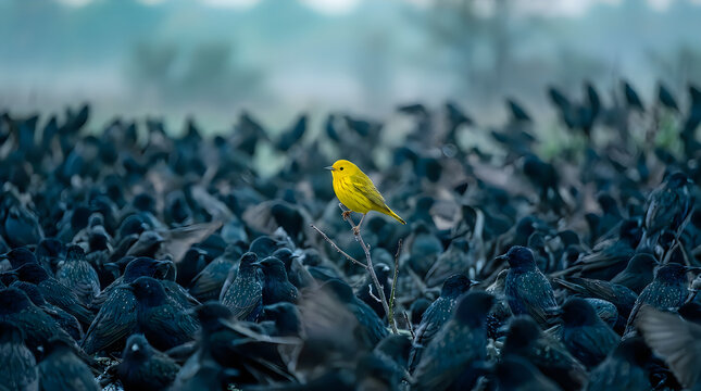 A vibrant yellow warbler bird perched on a small branch amidst a large flock of dark starlings in a misty field