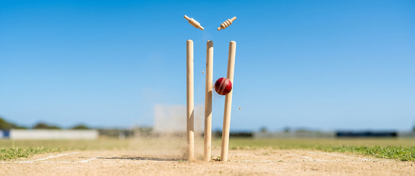 Wide angle shot of a dusty pitch with cricket stumps flying after hit under a blue sky