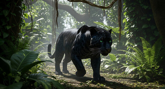 Black gorilla standing in dense jungle foliage