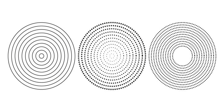 Black radial circle set. Sonar or sound wave ring collection. Halftone and linear epicentre, target, radar icon concept. Ripple concentric signal or vibration elements. Vector line and dotted symbols
