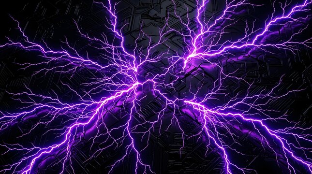 Purple lightning electric discharge on black background, powerful plasma energy bolts, violet electrical storm sparks for sci-fi and tech concepts