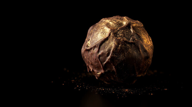 Chocolate truffle covered in sparkling gold dust sits isolated on a dark reflective surface, showcasing its rich texture and luxurious gourmet appeal.