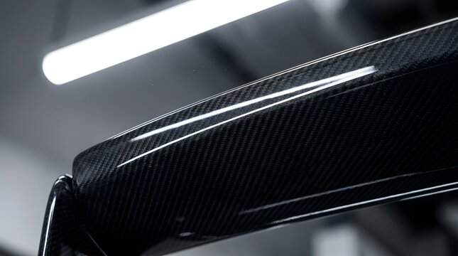 Carbon fiber spoiler edge showcasing high-end automotive aerodynamics with reflective surface and studio lighting