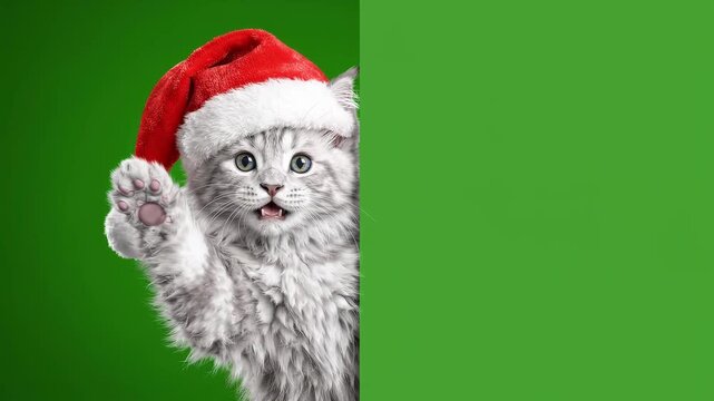 Realistic Christmas Kitten in Santa Hat Peeking and Waving Paw on Green Screen Chroma Key. Greeting Card Banner with Copy Space for text. Blank Christmas template