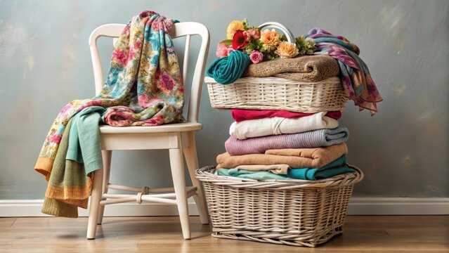 A stack of folded sweaters and blankets in wicker baskets near a chair with a colorful throw