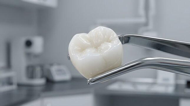 Dental professional examining extracted human tooth with precision tweezers in sterile clinic setting