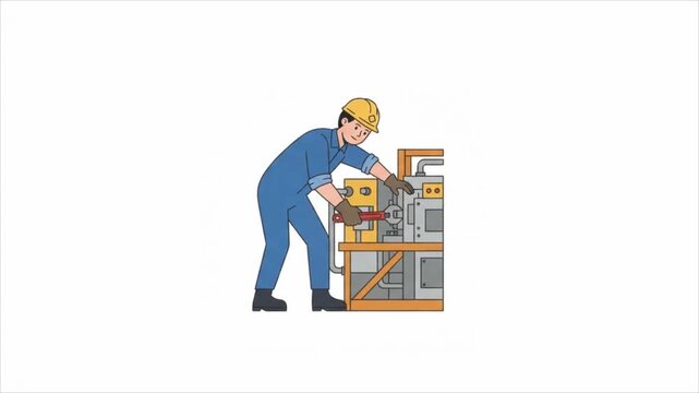 Mechanic in hard hat repairing industrial machinery on white background