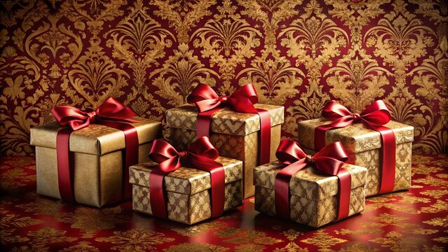 Luxurious gold gift boxes adorned with rich red ribbons, arranged on a regal red and gold patterned background, conveying opulence and festive cheer
