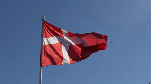 Denmark flag waving in the wind with sky background