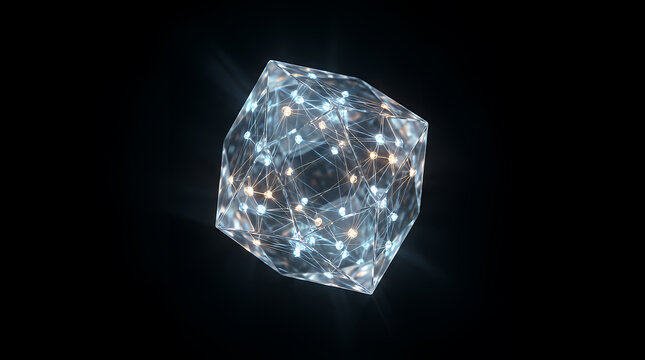 Geometric cube made of glowing connection points and digital lines floats in a dark void, representing complex data structures, blockchain, and artificial intelligence.