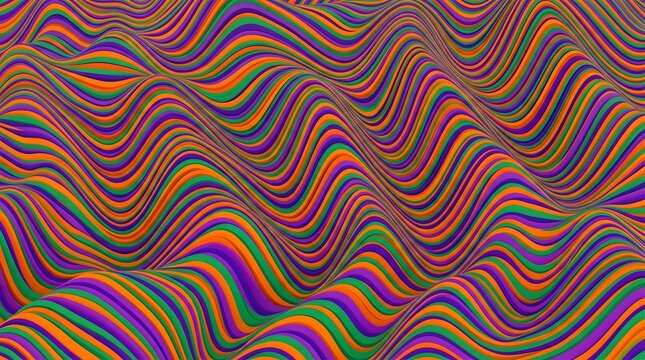 Psychedelic wavy line pattern, vibrant rainbow optical illusion background, colorful distorted stripe texture for modern graphic design