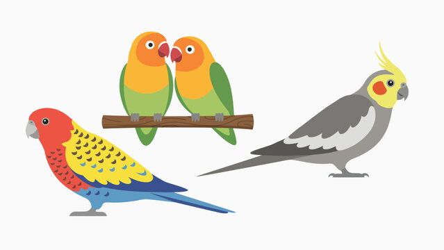 Pet Parrots Flat Vector Illustration Set with Cockatiel Rosella and Lovebirds