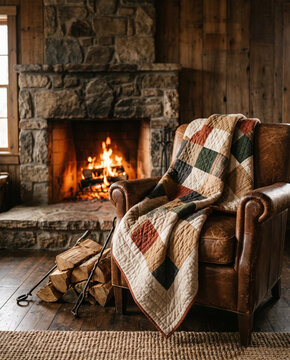 Warm cozy interior with a blanket near fireplace for winter home relaxation