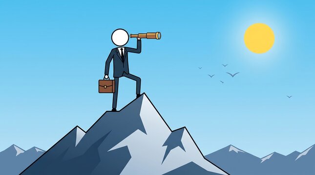 Business vision concept with stick figure businessman on mountain peak. Leader looking through telescope for future opportunities and success.