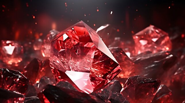 Close-up of red gemstones with sharp facets and reflective surfaces in a dark setting