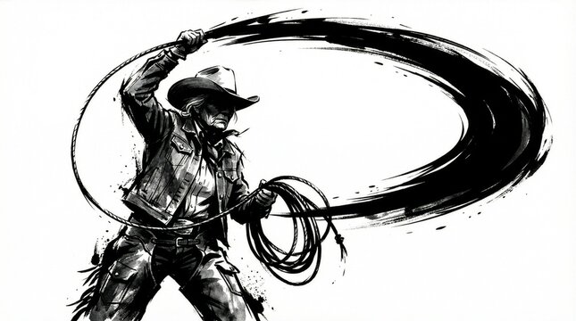 Sumi-e style illustration of a cowboy throwing a lasso