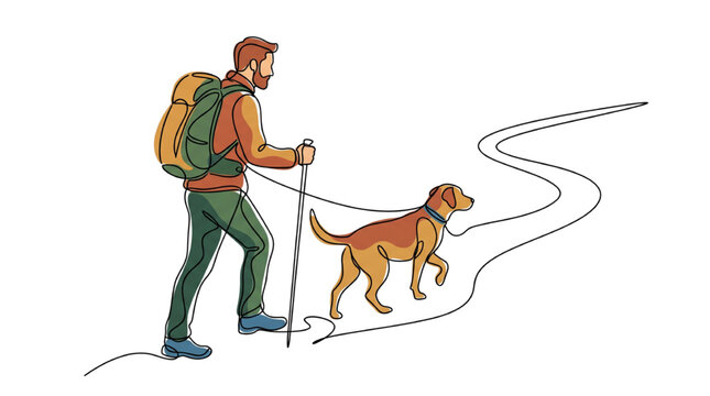 Continuous line art of man hiking trail with dog and abstract color shapes vector illustration