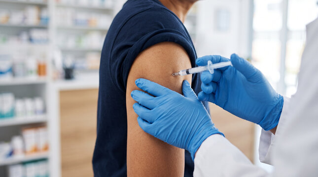 Close up of a pharmacist giving flu shot injection into a male patient arm