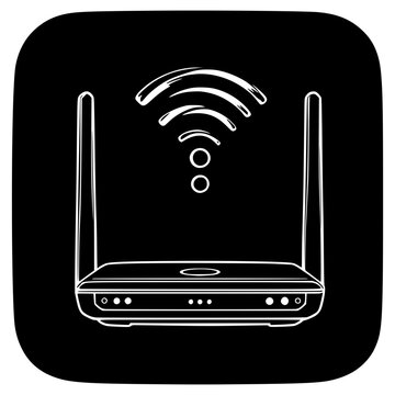 Wireless Router Icon: A stylized outline illustration of a wireless router with two antennas, emitting Wi-Fi signals in a dark square icon format.